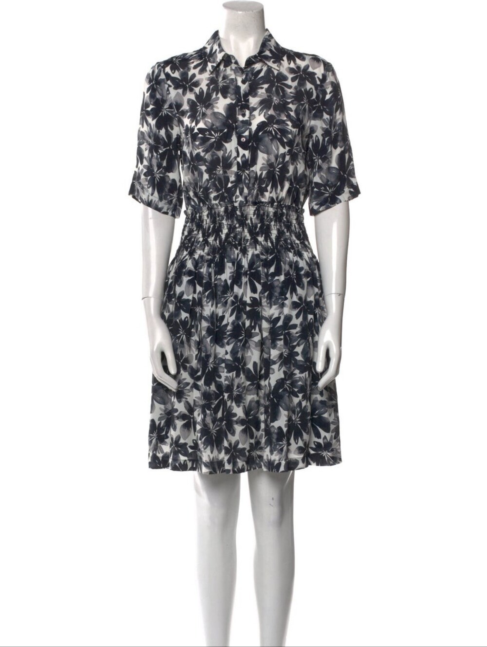 Nicole Miller Floral Shirtdress Short-Sleeve Silk Blend in Black and White